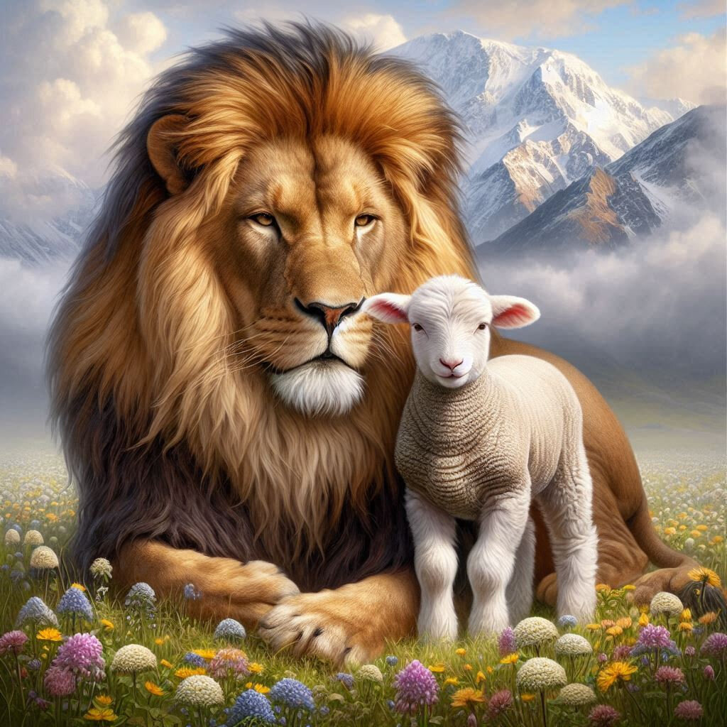 Realistic style ai image of a male lion laying beside a young all white lamb with a light but somewhat cloudy background.